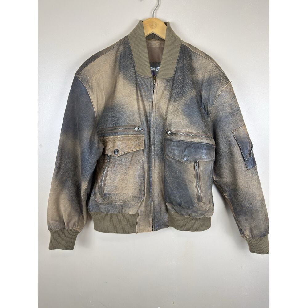 Adventure Bound Leather Bomber Jacket Mens Size M Brown 80s Aviator Vintage